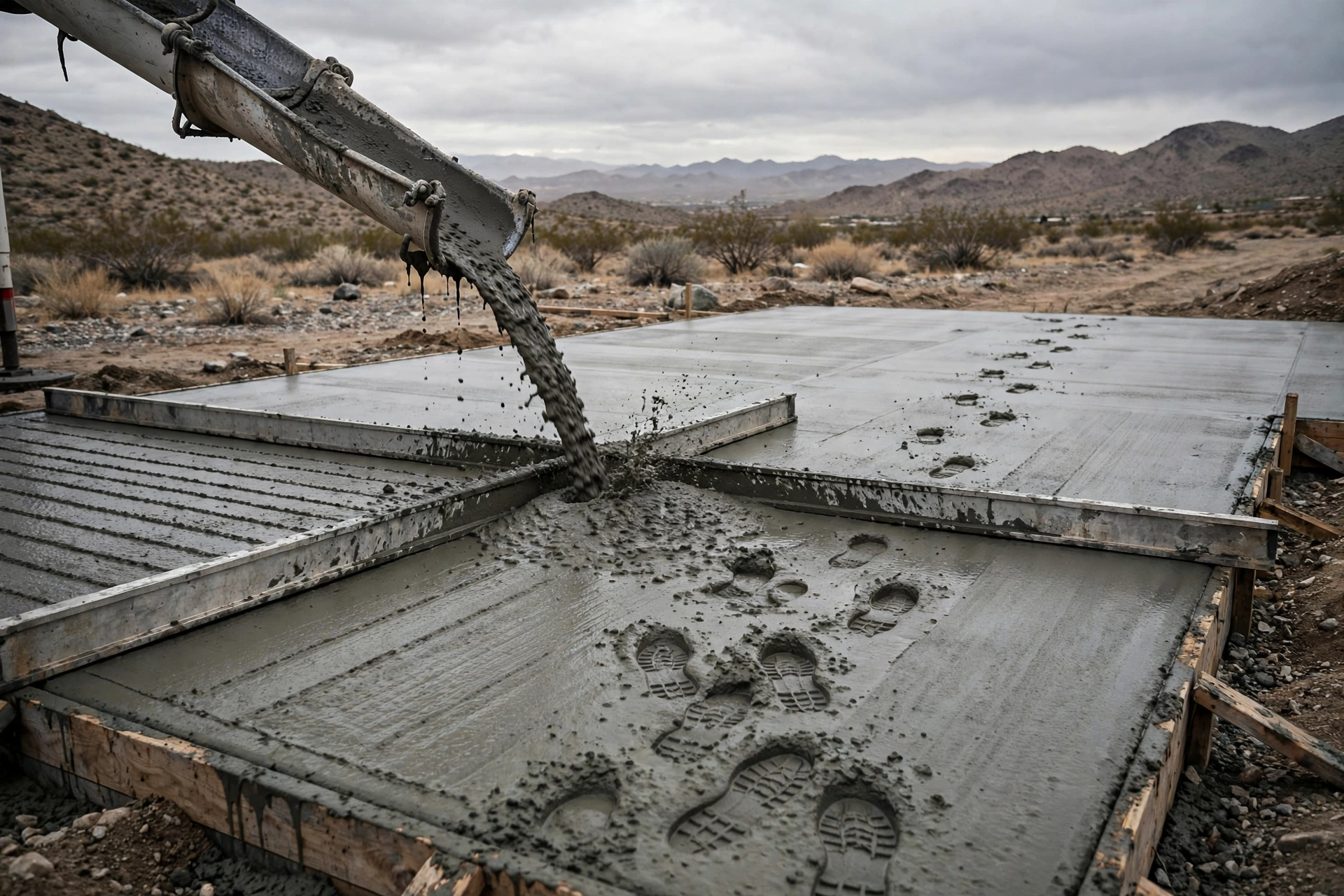 Fresh concrete being poured and leveled with a screed on a job site