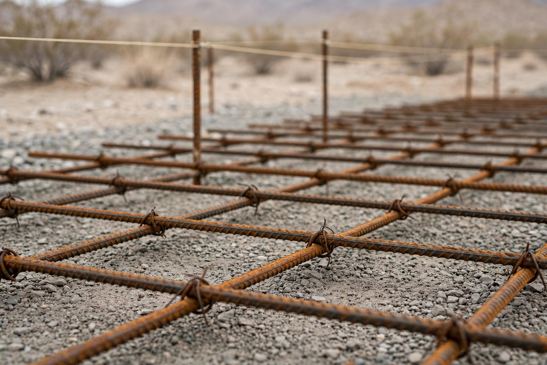 Steel rebar grid tied and ready for a foundation pour