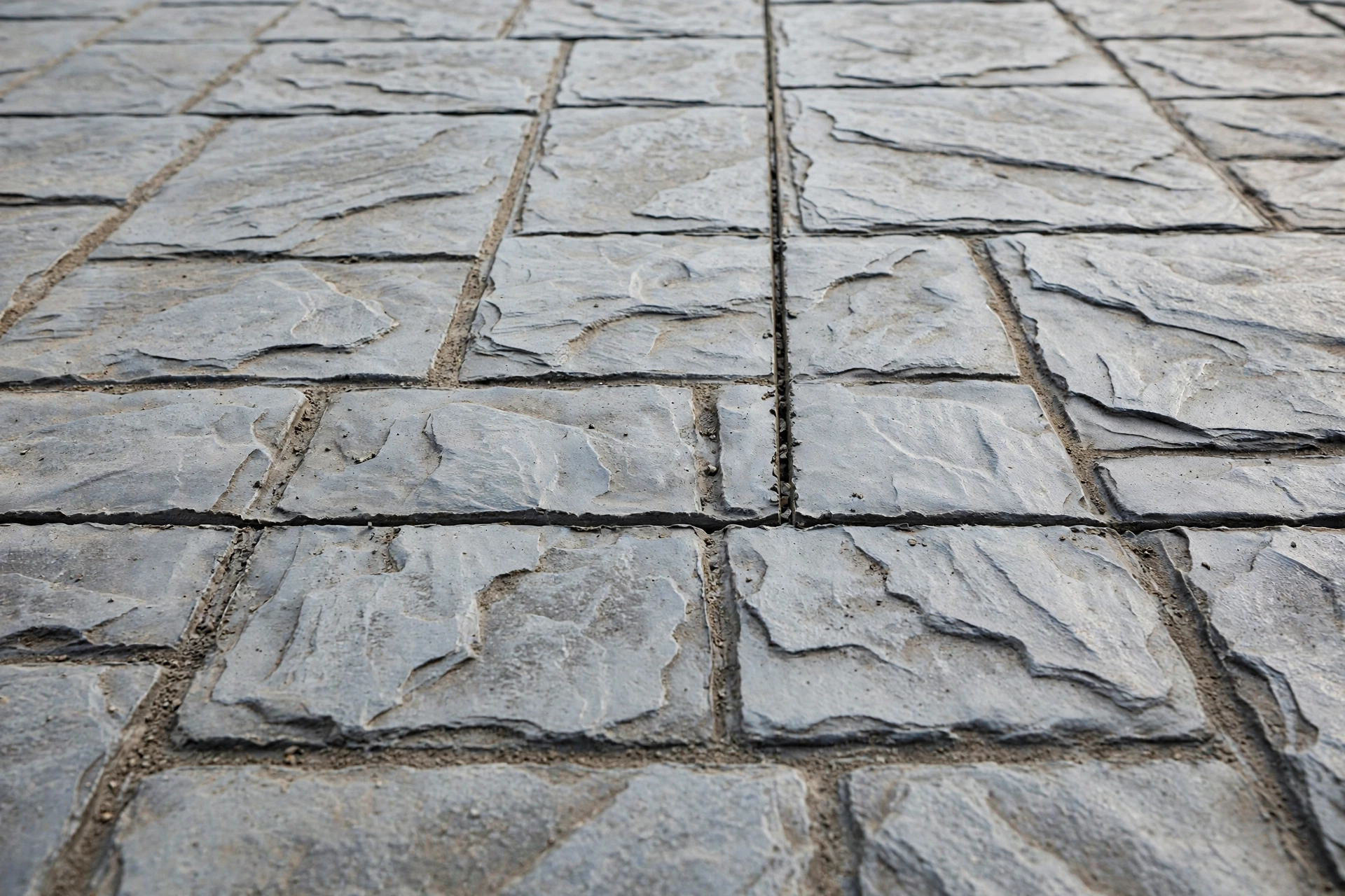 Close-up of a stamped concrete surface with saw-cut control joints